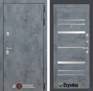 Входная дверь в интерьере серии «BETON» модель 38 бетон темный и зеркальные вставки