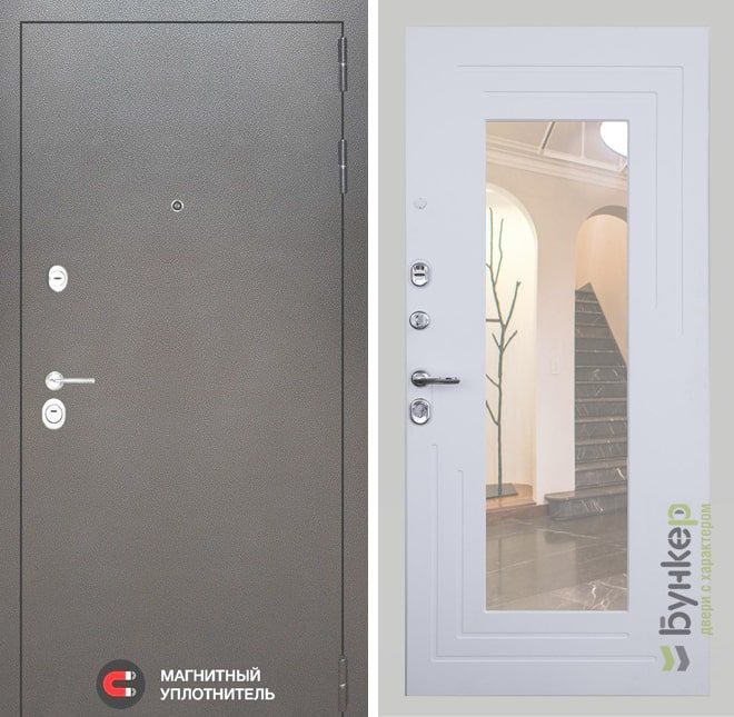 Входная дверь в интерьере серии «SILVER» модель 44 белый софт с зеркалом